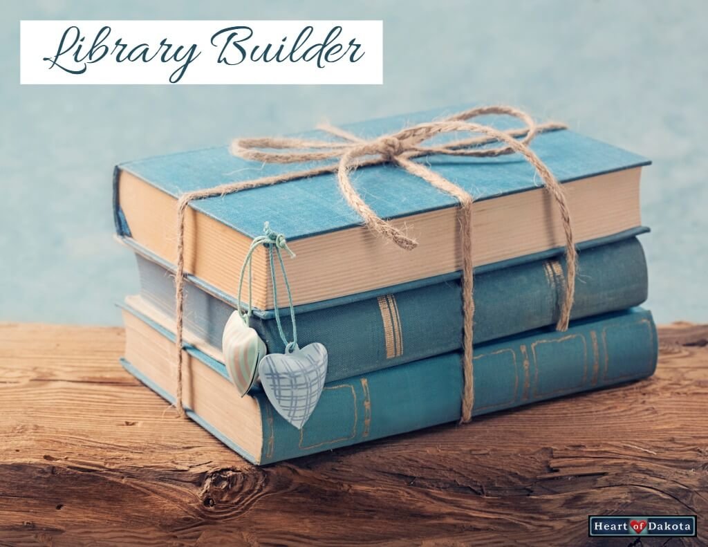 Heart of Dakota February Library Builder - photo of 3 aqua-colored books stacked and bound with twine.