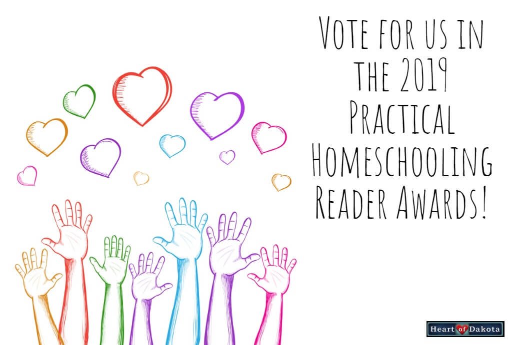 Heart of Dakota - Vote for us in the 2019 Practical Homeschooling Awards! Picture of multicolored hands raised towards a heart-filled sky.